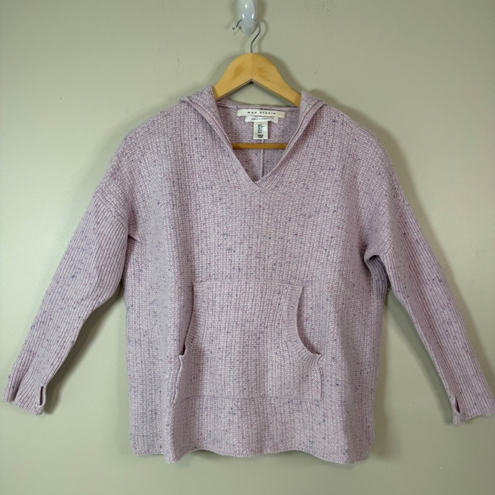 Max Studio Cashmere Hoodie Size S Waffle Knit Confetti Thumbhole Pullover Luxury